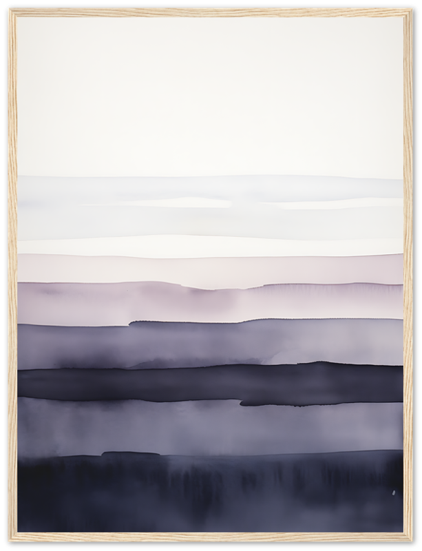A framed abstract landscape painting with layered shades of purple and blue.