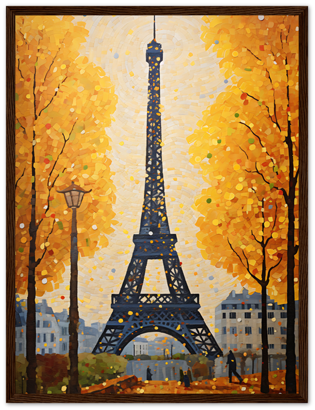 Impressionist painting of the Eiffel Tower with autumn trees.