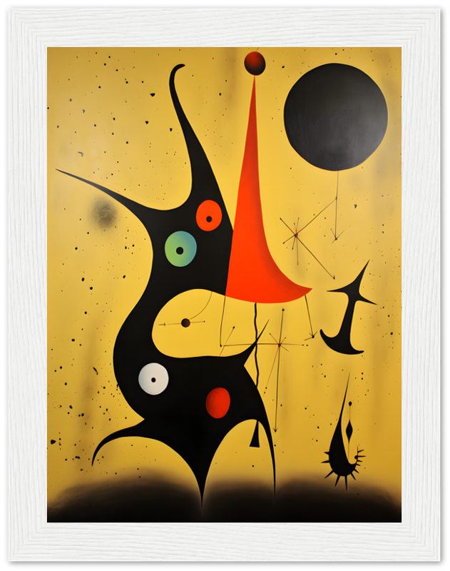 Abstract painting with whimsical shapes and vibrant colors on a gold background, framed.
