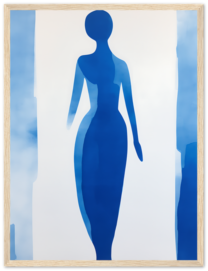 An abstract blue silhouette of a woman on a white background with a rough frame.