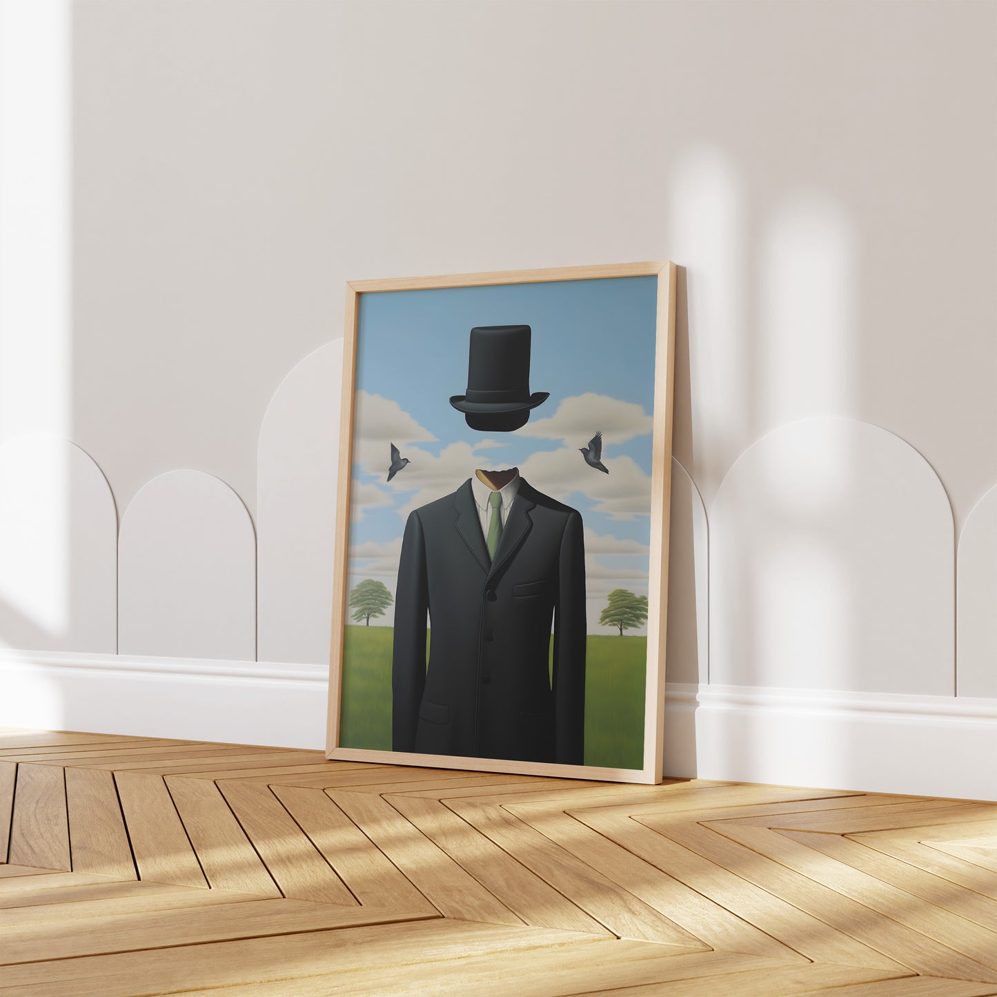 A framed painting of a man with an apple head and bowler hat on a gallery wall.