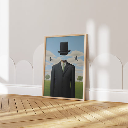 A framed painting of a man with an apple head and bowler hat on a gallery wall.