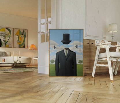 A surreal painting of a man with an apple floating in front of his face, displayed in a modern room.