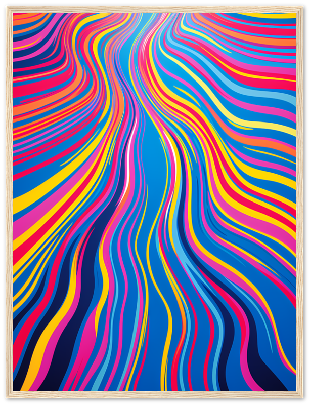 Colorful abstract artwork with wavy lines in blue, yellow, pink, and red.