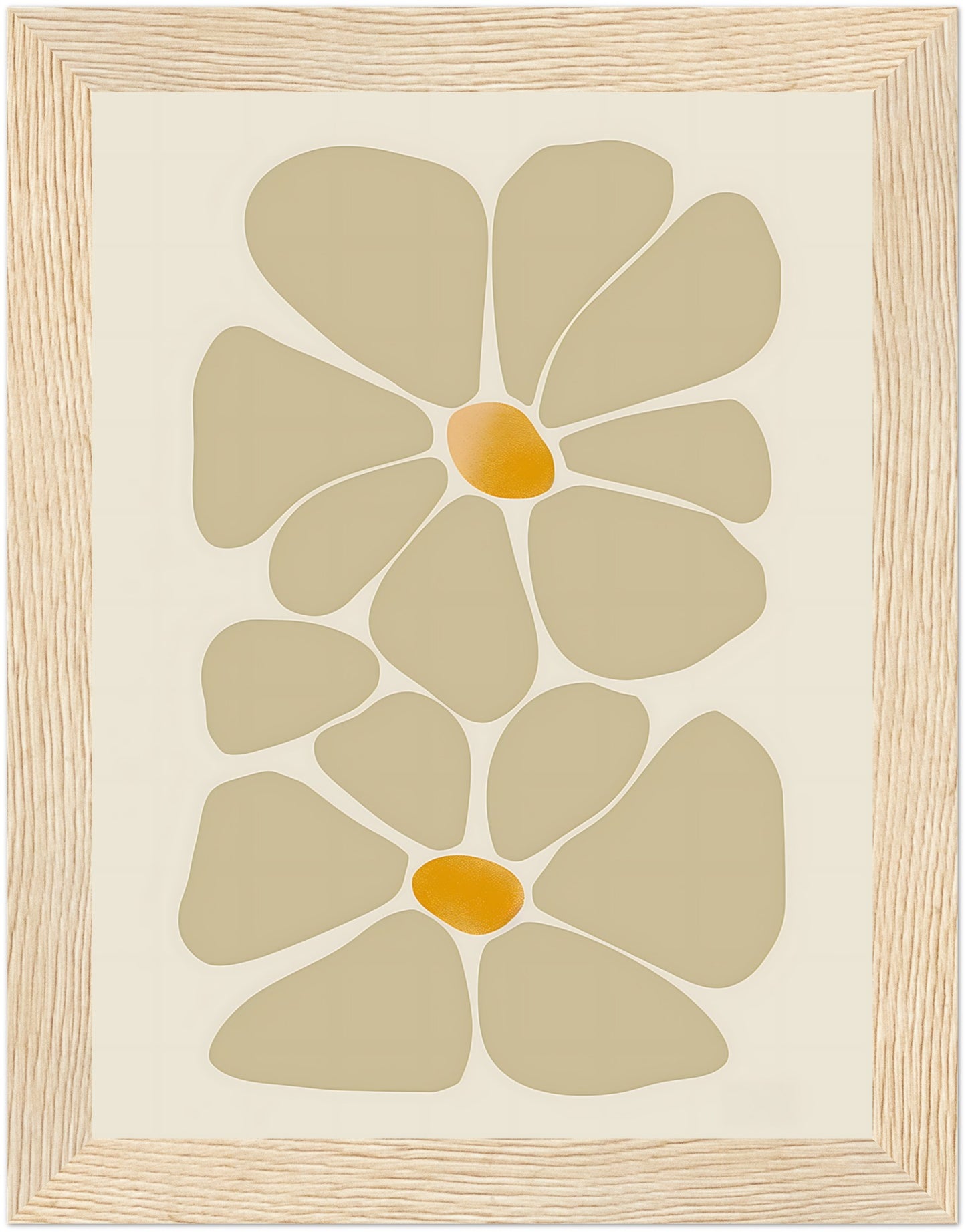 Abstract floral design in earth tones, framed with a wooden border.