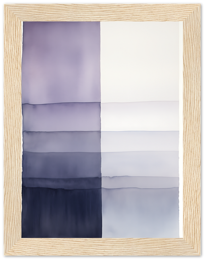 An abstract painting with horizontal bands of purple and blue hues in a wooden frame.