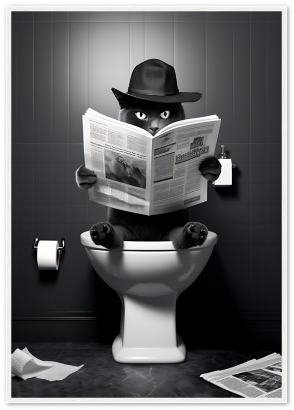 A cat in a fedora reading a newspaper while sitting on a toilet.