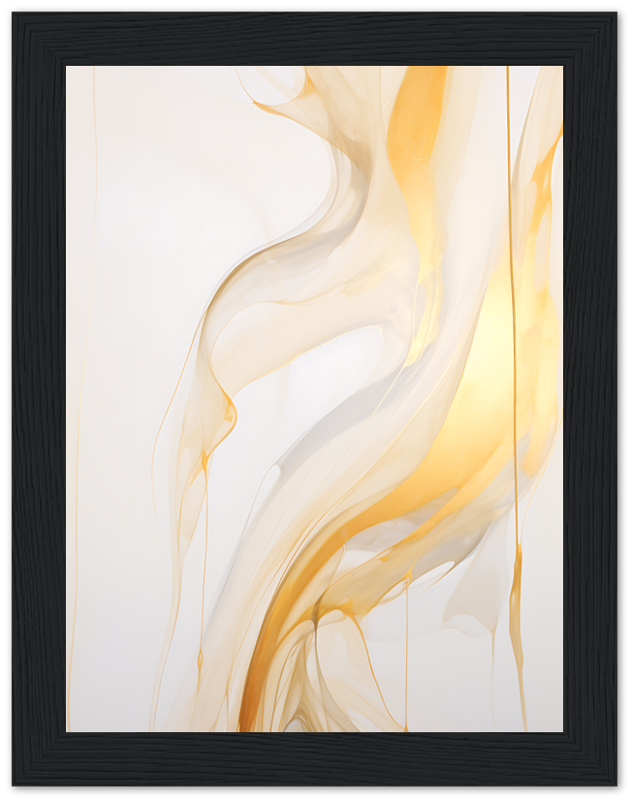 "Abstract golden swirls framed in a black border against a white background."