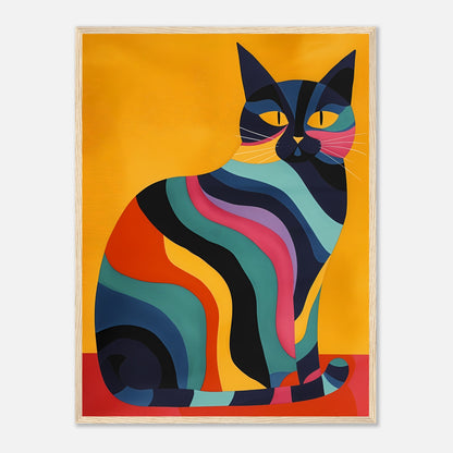 Colorful, abstract art of a striped cat against an orange background, in a wooden frame.