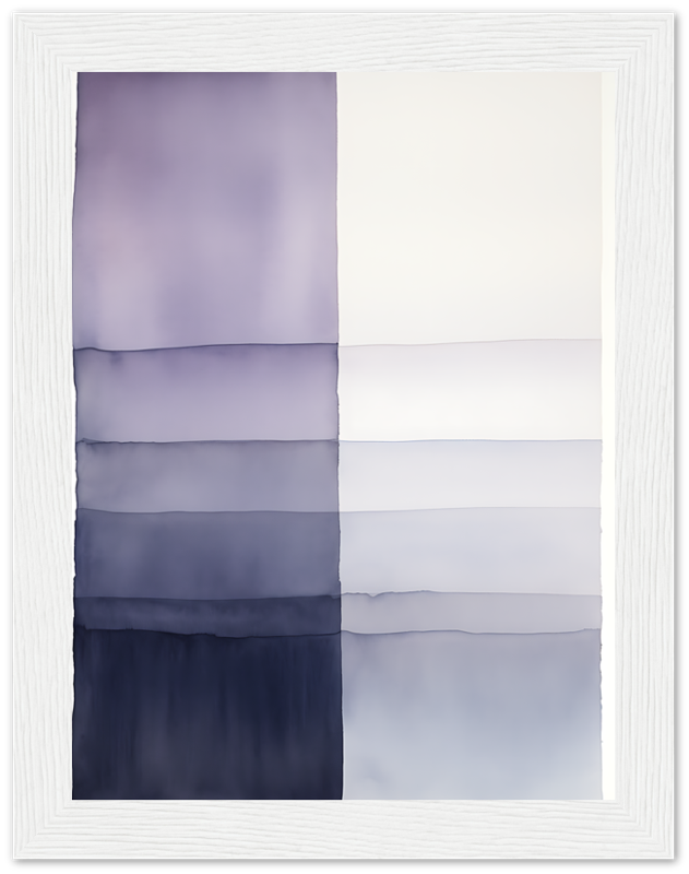 Abstract watercolor art with layered purple and blue hues in a white frame.