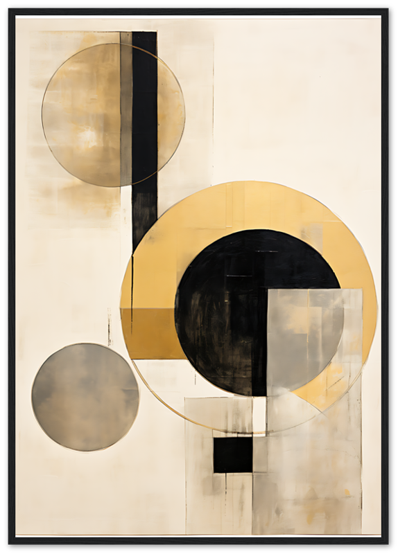 Abstract artwork with geometric shapes in black, gold, and beige tones.