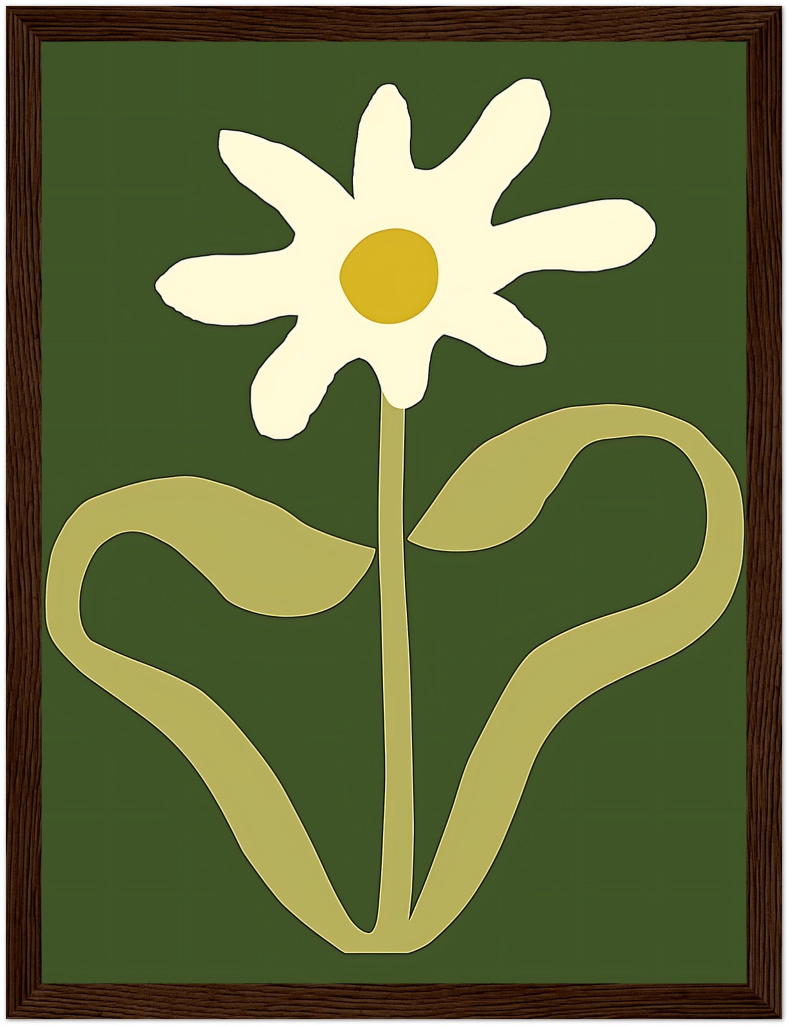 A stylized image of a white flower with a yellow center and green background, framed in brown.