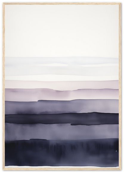 A framed, muted watercolor painting of misty, layered hills.