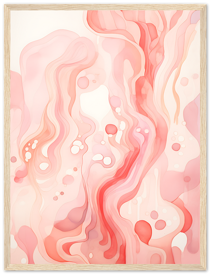Abstract pink and white fluid art painting in a wooden frame.