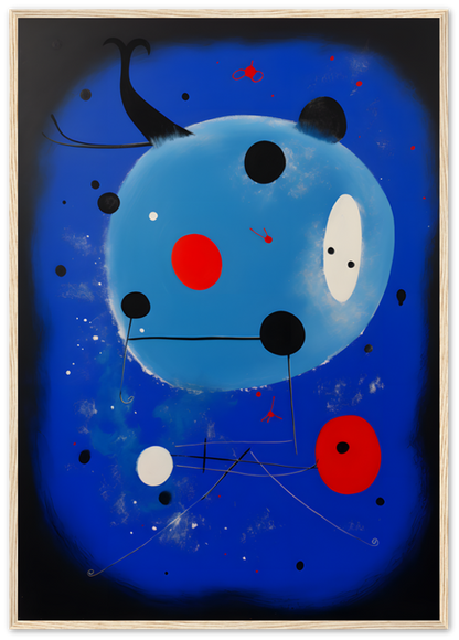Abstract painting of a whimsical blue face with red and white accents, framed in wood.