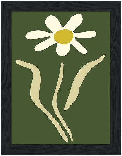 A stylized image of a white daisy with a yellow center on a green background, framed with a brown border.