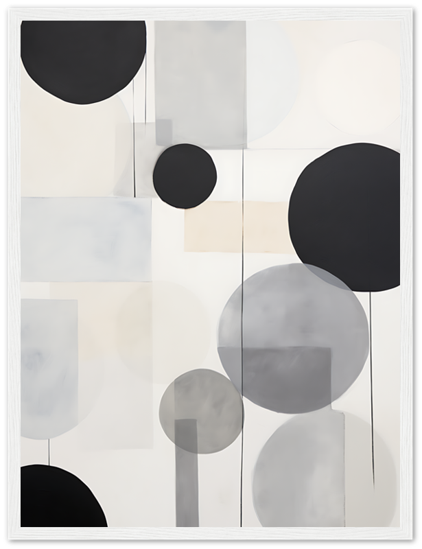 Abstract art with overlapping circles and semicircles in monochrome tones with a textured frame.