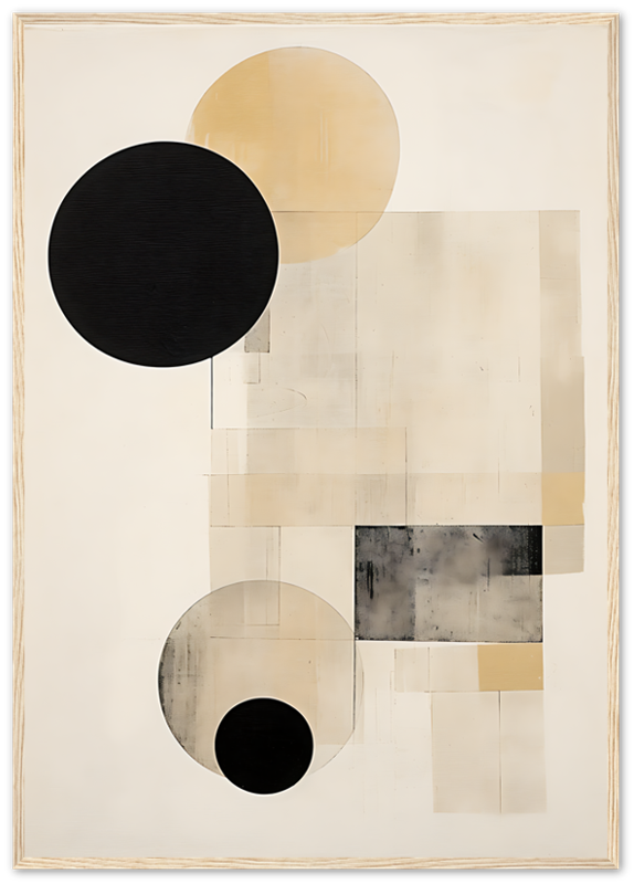 Abstract artwork with geometric shapes in black, beige, and neutral tones.