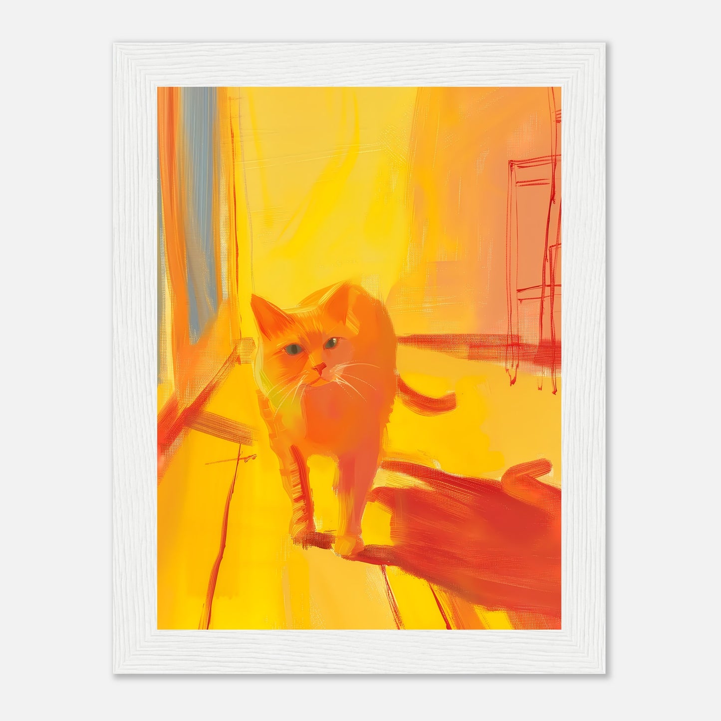 A framed abstract painting of an orange cat against a vibrant yellow and red background.