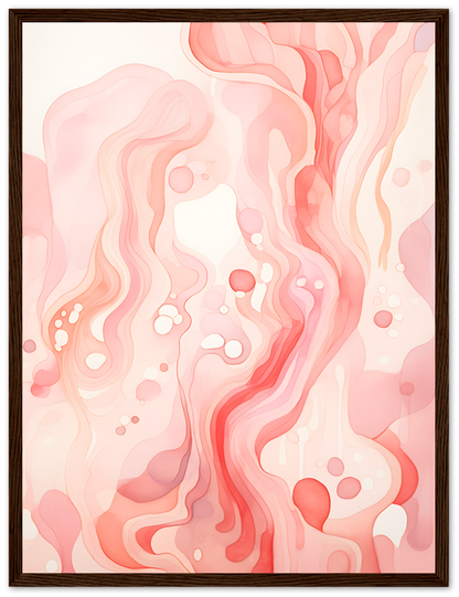 Abstract red and pink fluid art painting in a wooden frame.