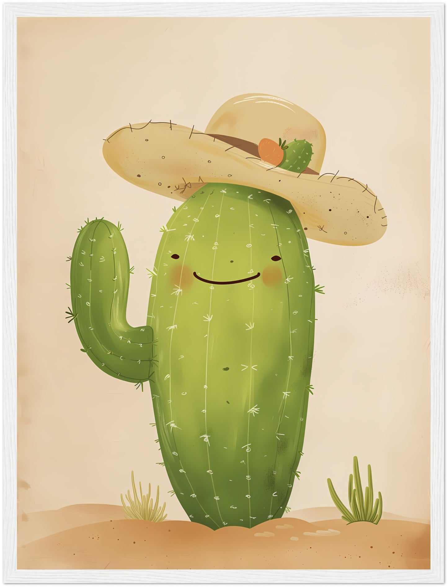 Illustration of a smiling cactus with a hat framed on a wall.
