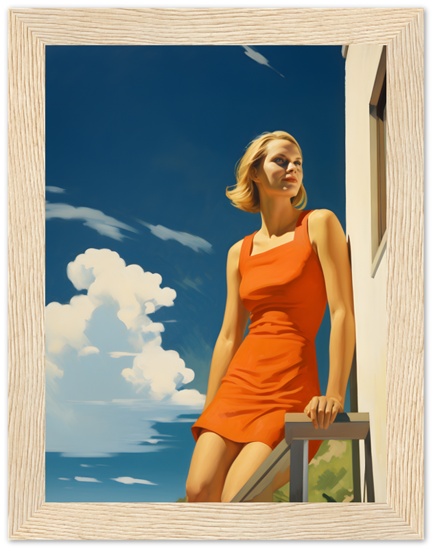 A woman in an orange dress leaning on a railing with a blue sky and clouds in the background.