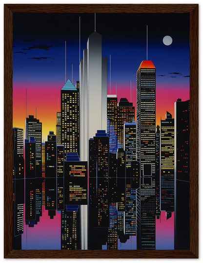 A stylized cityscape at night with skyscrapers and a full moon, framed by a wooden frame.