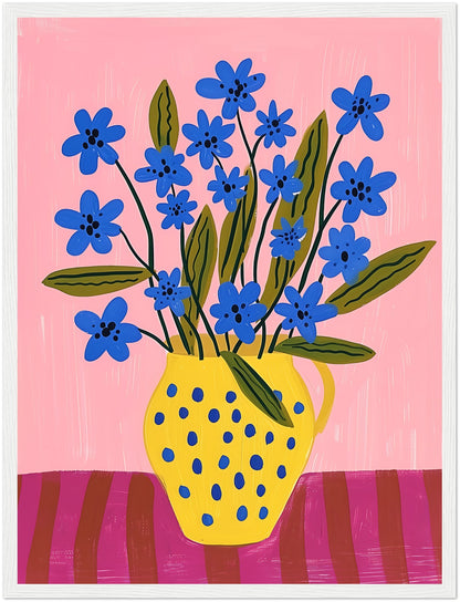 Illustration of blue flowers in a yellow dotted vase against a pink background.