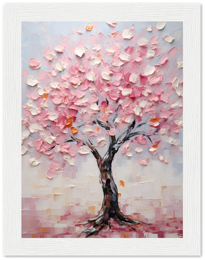 A textured painting of a blossoming pink tree in a wooden frame.