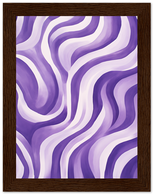 An abstract painting with purple and white wavy lines in a wooden frame.