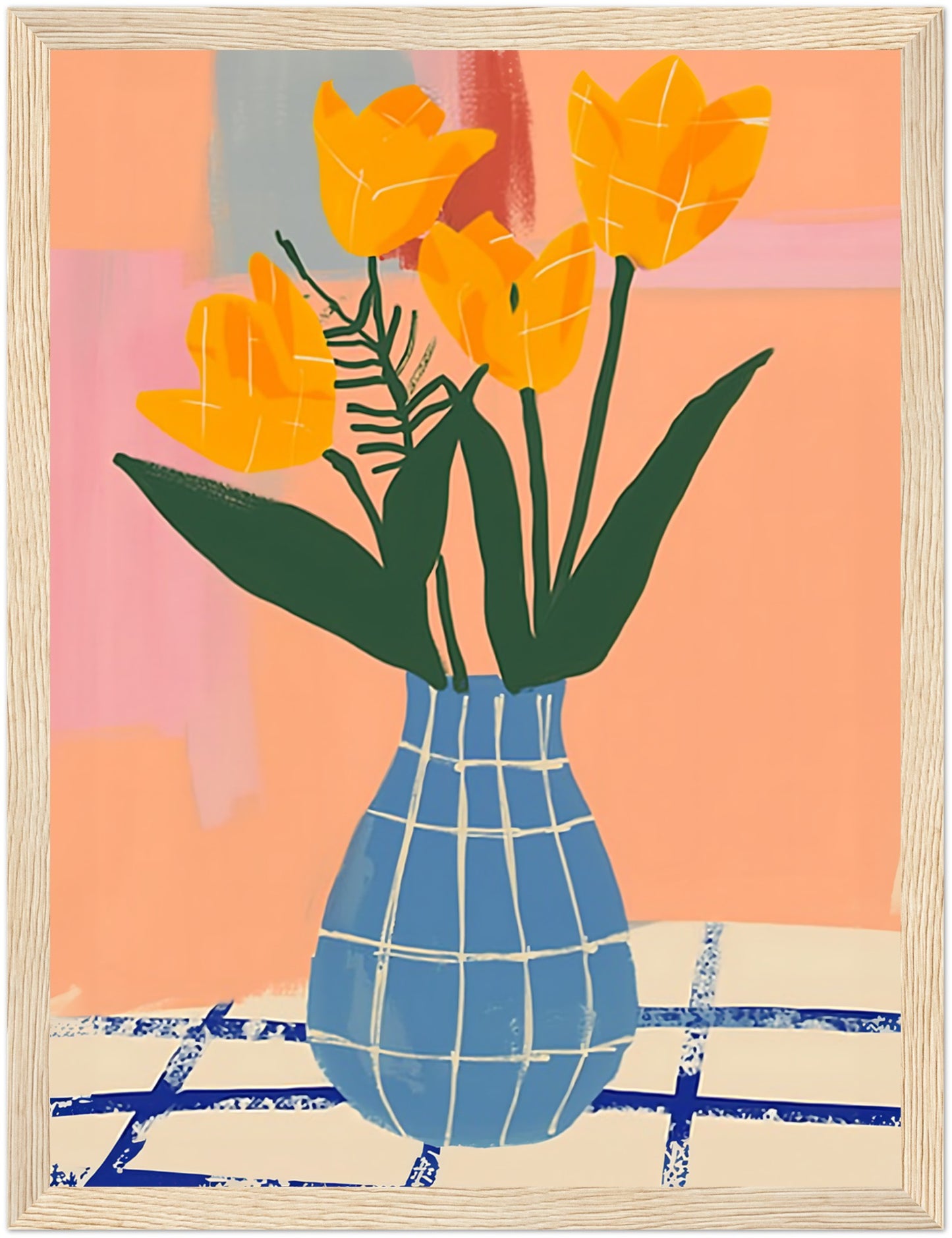 Abstract painting of yellow tulips in a blue checked vase against colorful background.