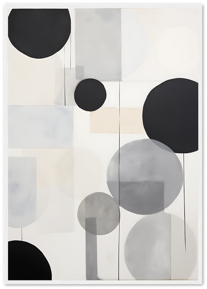 Abstract art with circles and muted tones in a wooden frame.