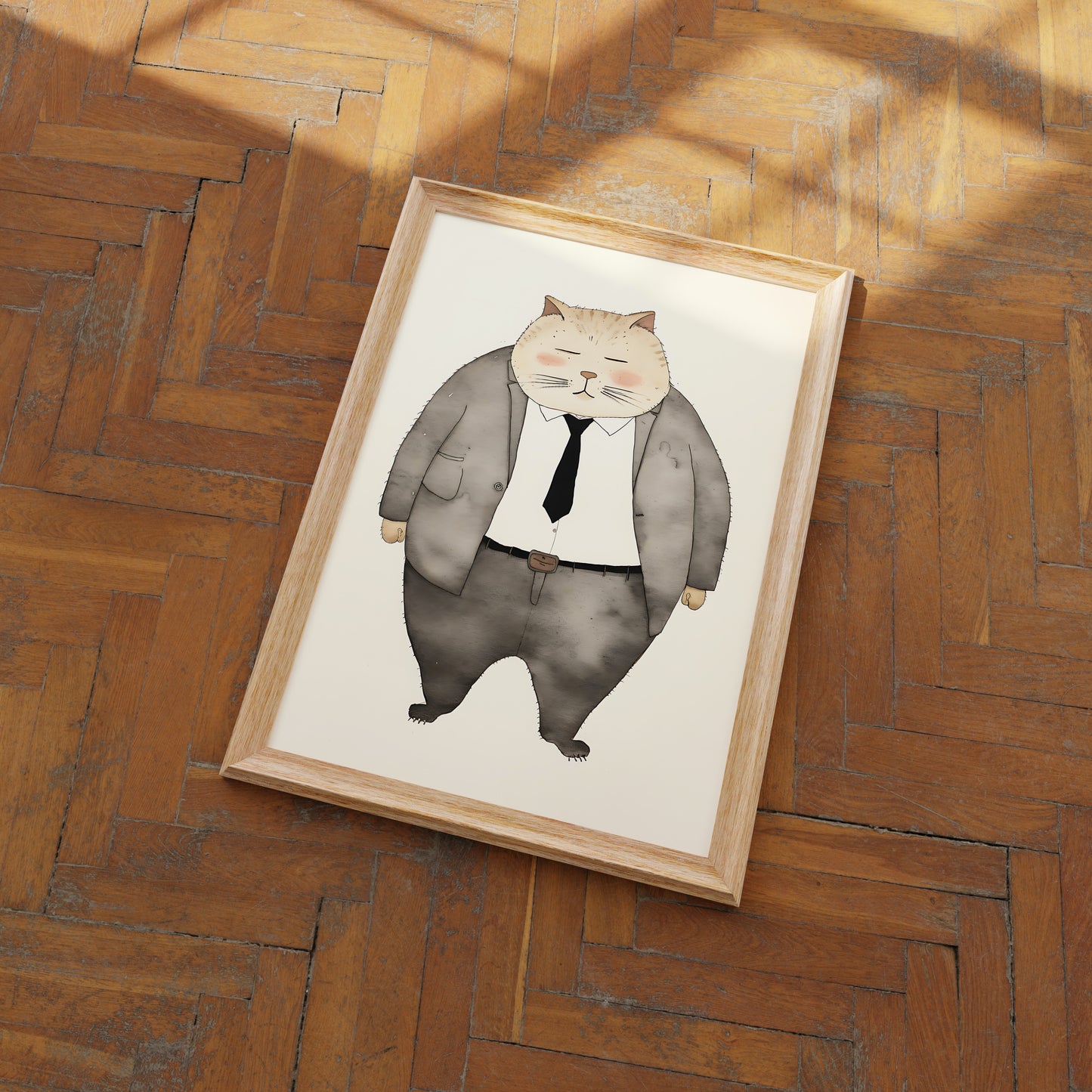 Illustration of a cat in a suit and tie, displayed in a frame on a wooden floor.