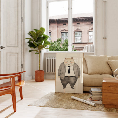 A stylish living room with a whimsical painting of a suited cat leaning against the wall.