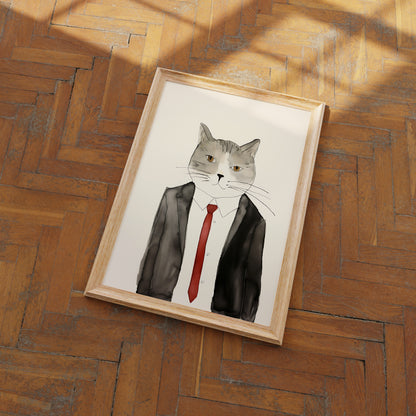 Illustration of a cat in a suit and tie, framed and lying on a wooden floor.