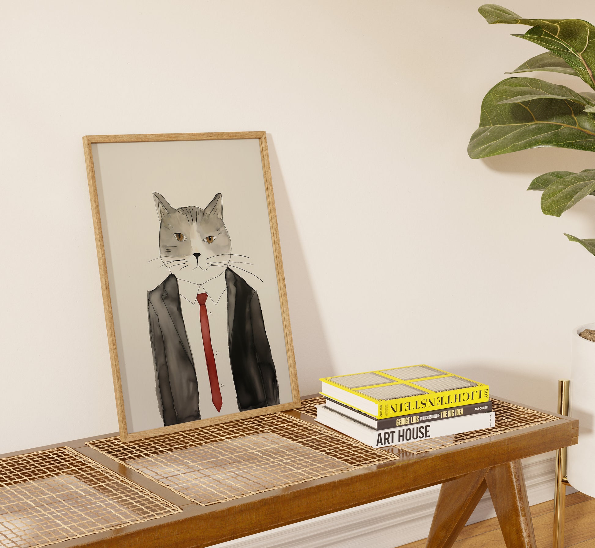 A whimsical illustration of a cat in a suit and tie next to books on a shelf.