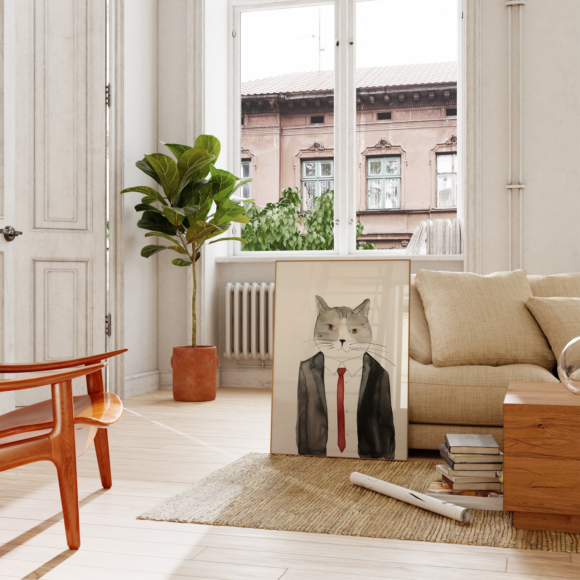 Modern living room with a painting of a cat in a suit.
