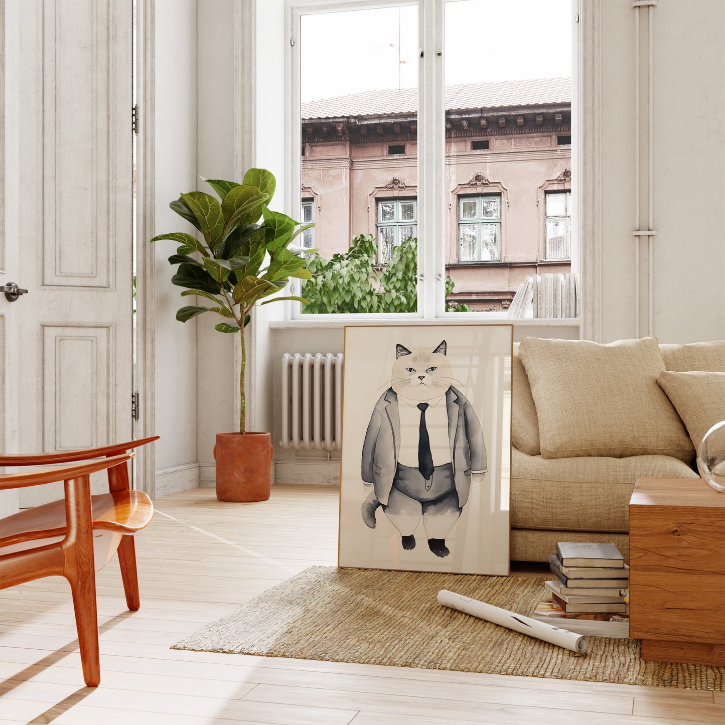 Art illustration of a cat in a suit leaning against the wall in a stylish interior.