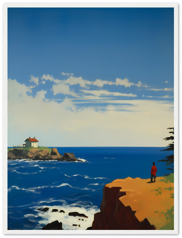 A framed digital painting of a coastal scene with cliffs, a house, and a solitary figure looking at the sea.