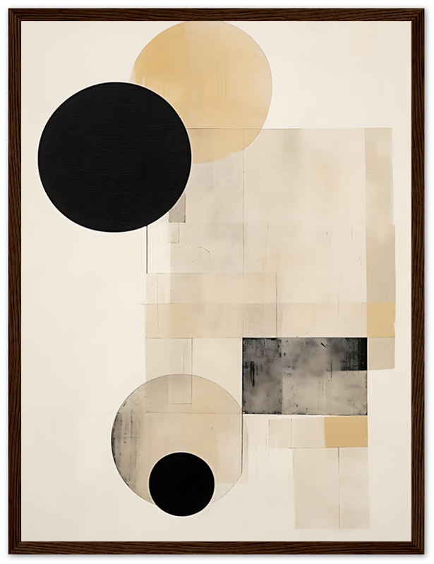 Abstract art with geometric shapes in black, gold, and beige tones in a wooden frame.