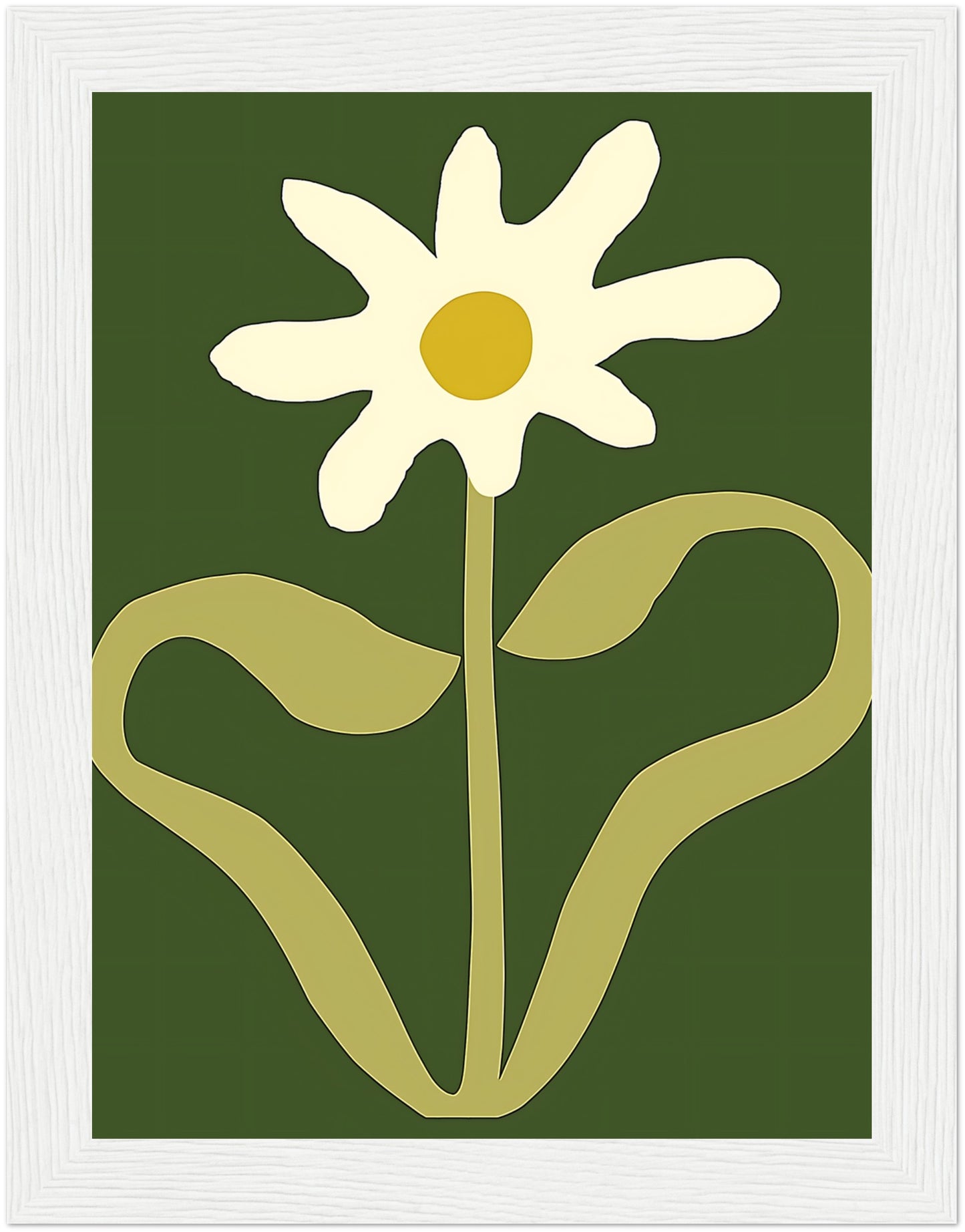 A stylized image of a white flower with a yellow center and green background, framed in brown.