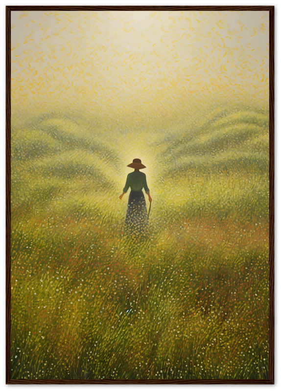 Painting of a person in a hat walking through a sunlit golden wheat field.