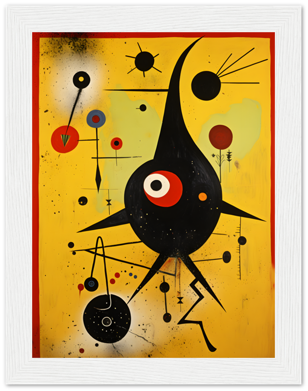 Abstract painting with black creature-like figure and colorful shapes on yellow background.