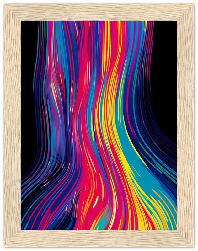 An abstract artwork with colorful wavy lines in a wooden frame.