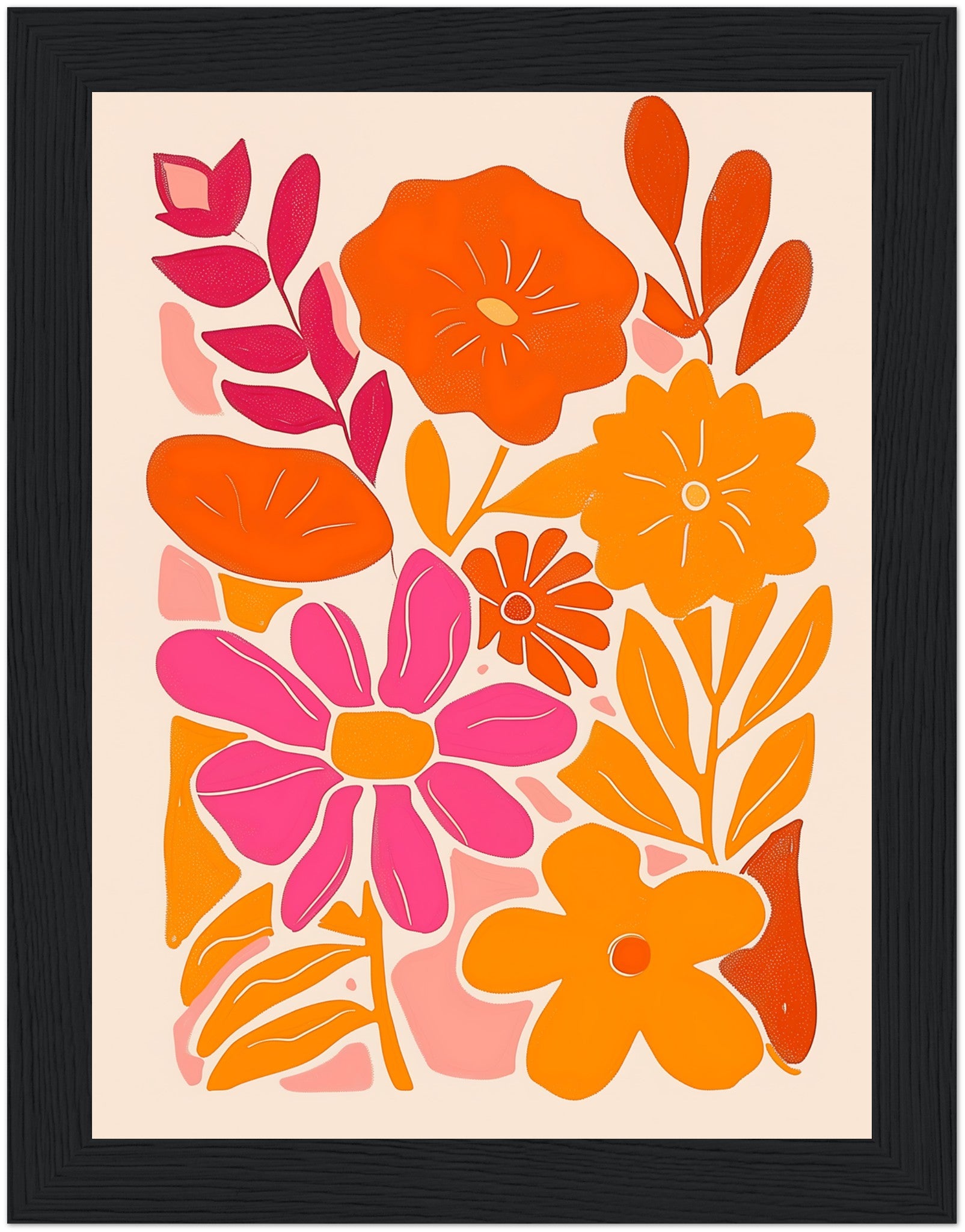 Colorful abstract floral artwork in a frame.