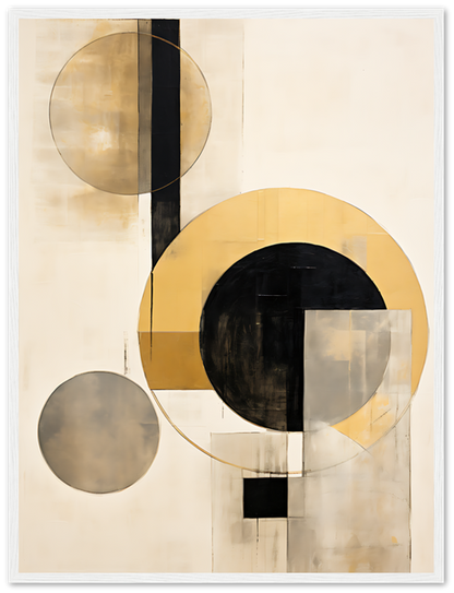 Abstract painting with geometric shapes in black, gold, and beige tones.