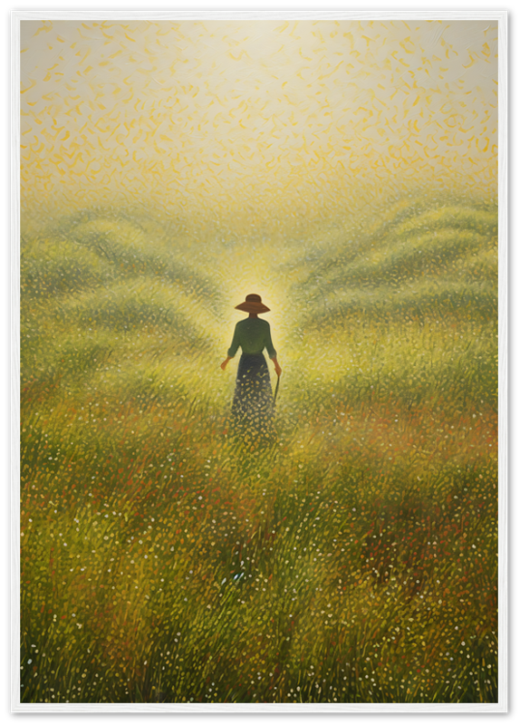 A painting of a person standing in a golden field with tall grass, framed with a dark wood border.