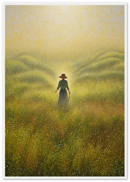 A painting of a person standing in a golden field with tall grass, framed with a dark wood border.