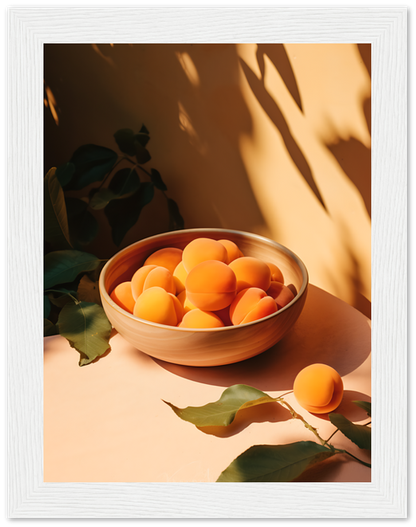 A bowl of apricots on a sunlit table with plant shadows.