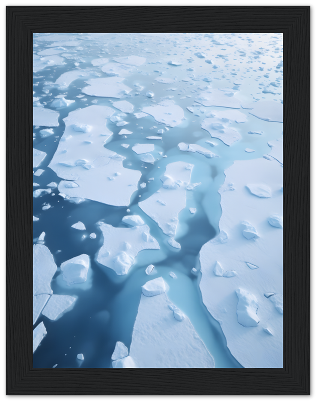 Ice floes in a calm blue sea, framed as artwork.